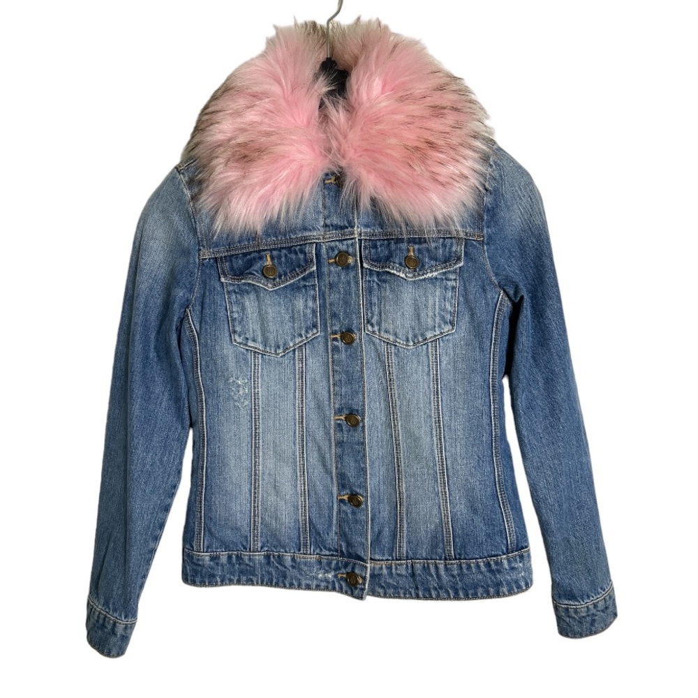 Driftwood Denim Jacket with Pink Faux Fur Removable Collar Size S